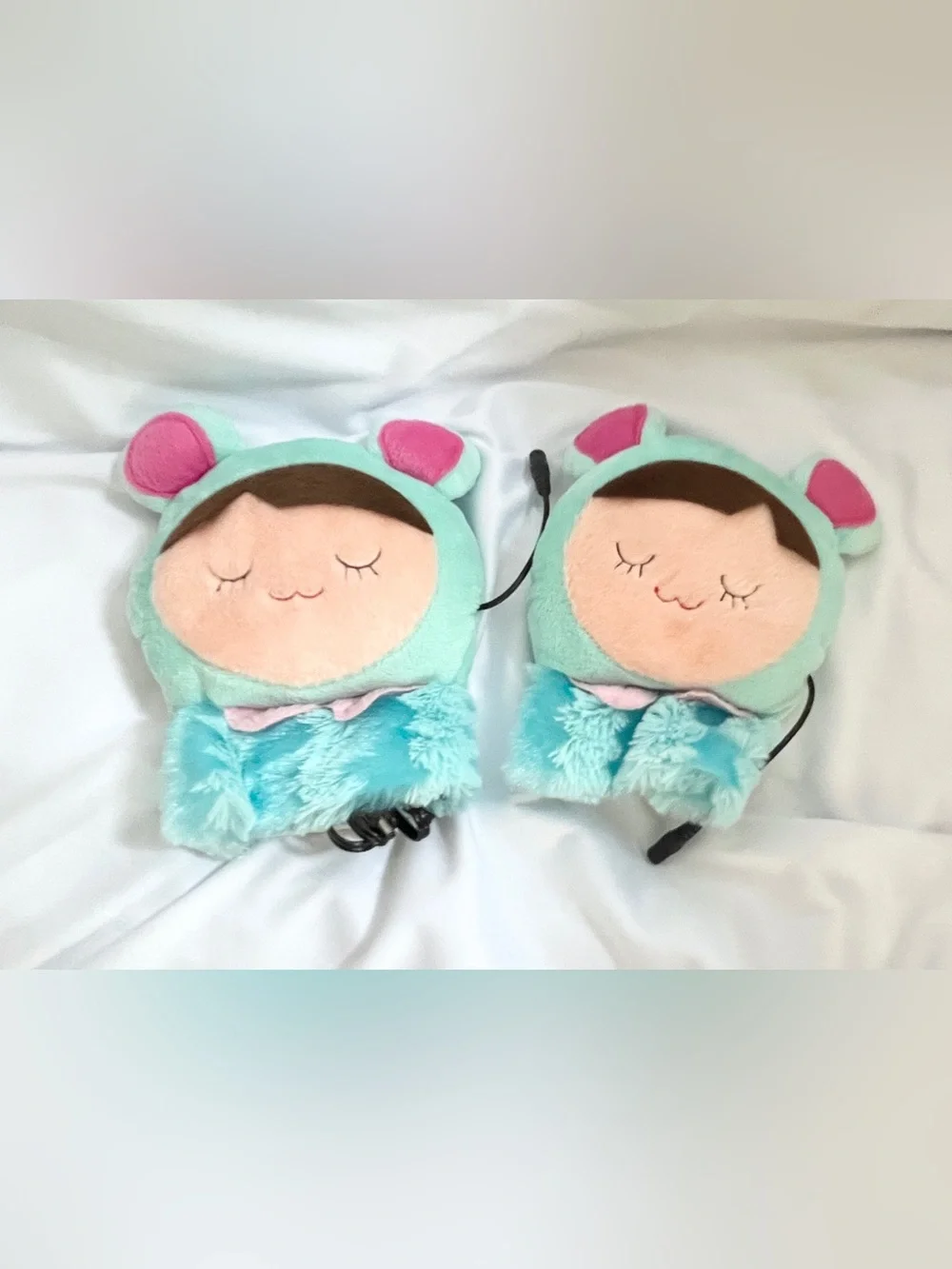 Cute Plush USB Heated Mittens Teal Kawaii Winter Hand Warmers Fingerless Pair